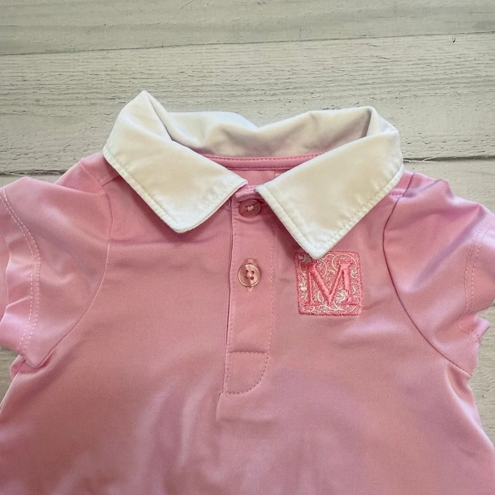 Turtles & Tees baby girls pink polo bodysuit monagramed 